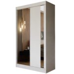 Szafa przesuwna ARLENA 120 PLUS z dwiema szufladami, lustrem i pionową wstawką lustrzaną biały