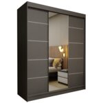 Szafa przesuwna MELIORA 180 z dwiema szufladami, lustrem i listwami dekoracyjnymi grafitowy szary