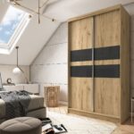 Szafa przesuwna EVANORA 120 PLUS z dwiema szufladami i dwoma dekoracyjnymi panelami szklanymi dąb artisan