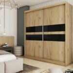 Szafa przesuwna EVANORA 200 PLUS z czteroma szufladami i dwoma dekoracyjnymi panelami szklanymi dąb artisan