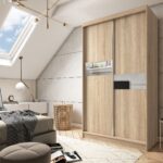 Szafa przesuwna ISADORA 120 PLUS z dwiema szufladami, dekoracyjnymi panelami szklanymi dąb sonoma