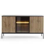 Komoda trzydrzwiowa SORO 153 cm przeszklona z lamelami, LED czarny