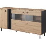 Komoda trzydrzwiowa SILO 165 cm dąb przeszklona z LED, lamele artisan/czarny antracyt