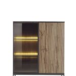 Witryna dwudrzwiowa SORO wysoka 103 cm przeszklona z LED, lamele, czarny, dąb wotan