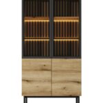 Witryna NONNA wysoka 100 cm przeszklona LED czarny/dąb evoke