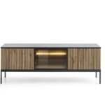 Szafka RTV trzydrzwiowa SORO 153 cm przeszklona z LED, lamele, czarny, dąb wotan