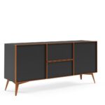 Komoda trzydrzwiowa MEDU 164 cm z drewnianymi frontami i metalowymi nogami, czarny