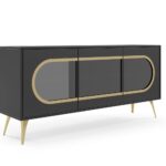 Komoda trzydrzwiowa CAZZU 164 cm z przydymionym szkłem i złotymi detalami, czarny