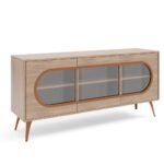 Komoda trzydrzwiowa CAZZU 164 cm z przydymionym szkłem i złotymi detalami, orzech włoski