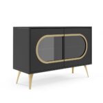 Komoda dwudrzwiowa CAZZU 110 cm z przydymionym szkłem i złotymi detalami, czarny