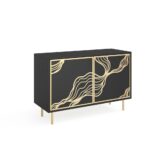 Komoda dwudrzwiowa MALF 110 cm z frontami zdobionymi wzorem i miedzianymi akcentami, czarny
