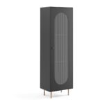 Witryna VOLT 200 cm przeszklona z ryflowany frontem szkłem, metalowe nogi, czarny