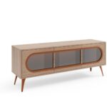 Szafka RTV trzydrzwiowa CAZZU 161 cm przeszklony front z owalną listwą dekoracyjną, orzech włoski