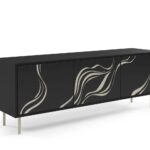 Szafka RTV trzydrzwiowa MARMORO 161 cm front z dekoracyjnym falistym wzorem, czarny